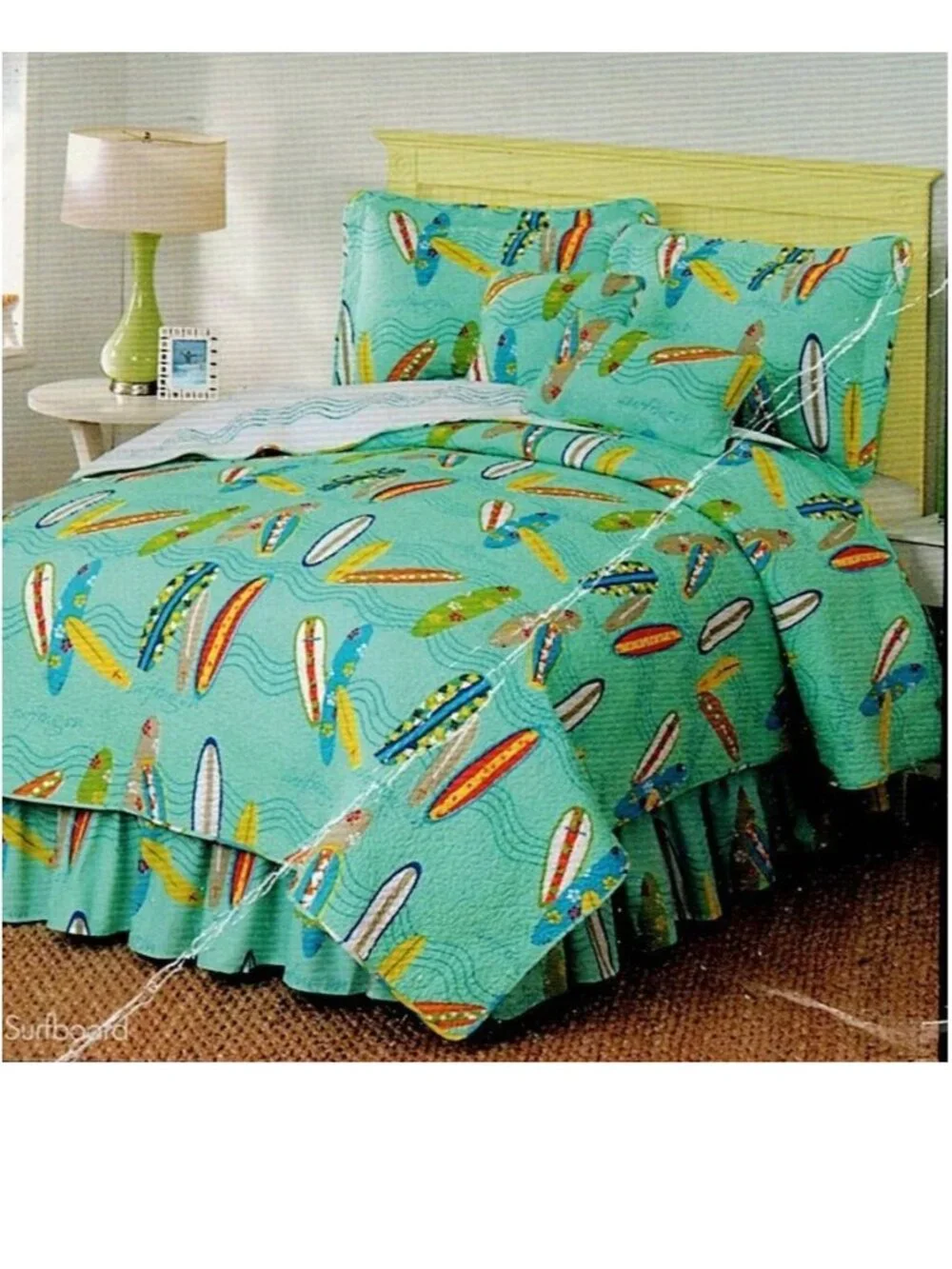 new~FULL COTTON Quilted quilt+shams+bed skirt+pillows set~Surfboard surfing~6pc
